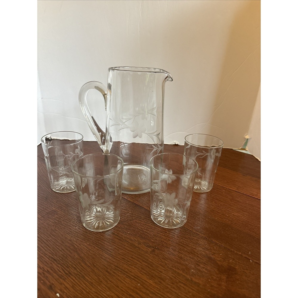 Vintage Clear Optic Glass Picture Floral Etched With 4 Glasses
